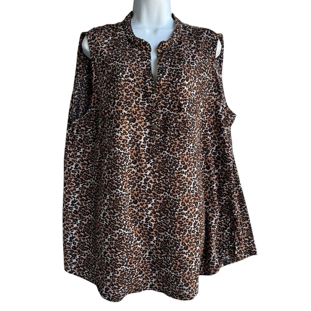COCOMO Leopard Print Boho Top Plus Size 2X Brown Black V-Neck Sleeveless Blouse